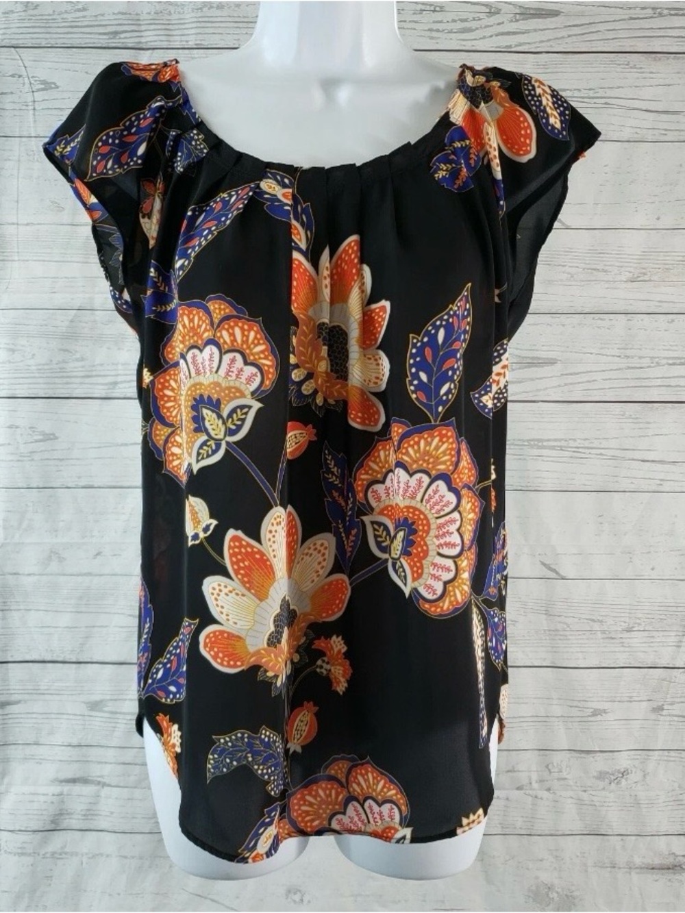 Floral Flutter Sleeve Blouse - Black with Orange & Blue